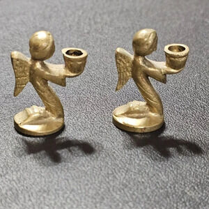 Vintage Miniature Brass Angel Candle Holder Pair Dollhouse Decor Collectibles